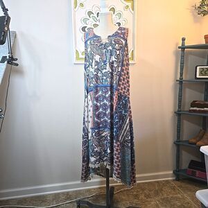 One World Boho Tank Dress Blue Patchwork Plus Size 3X Hi Low Hem Lace-Up V-Neck